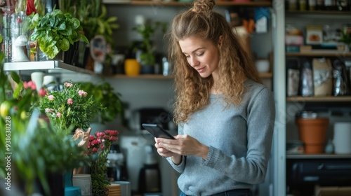 A woman is looking at her phone in a room with plants