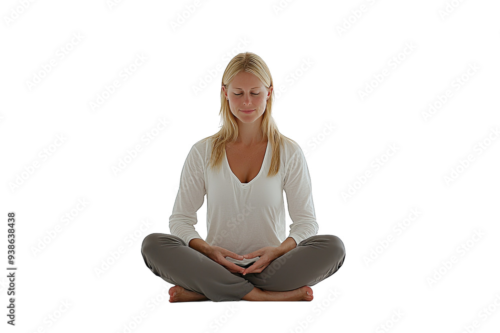 A serene woman sitting in a yoga pose, meditating peacefully in a calm environment, promoting tranquility and mindfulness.