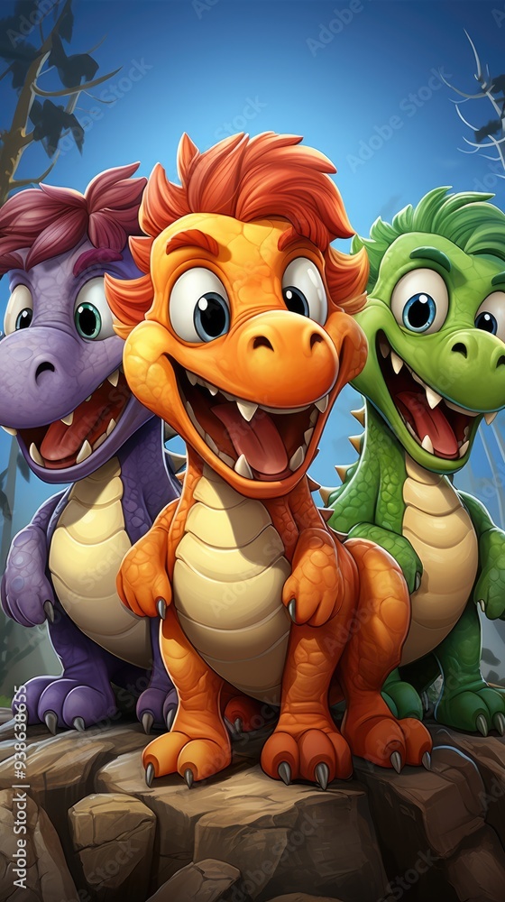 Naklejka premium cartoon dragons or dinosaurs characters friends together for children friendship 