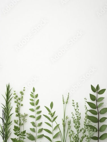 Wallpaper Mural A minimalist arrangement of various green leaves and sprigs against a white background Torontodigital.ca