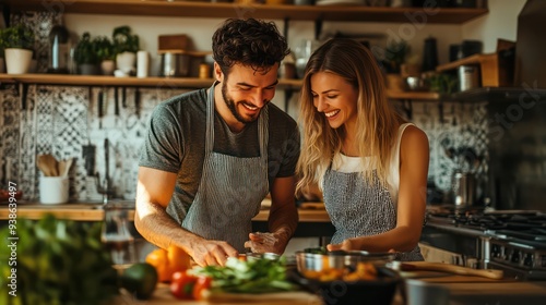 A young couple working together to quickly clean the kitchen, using efficient housework methods and enjoying the process as they share the load.