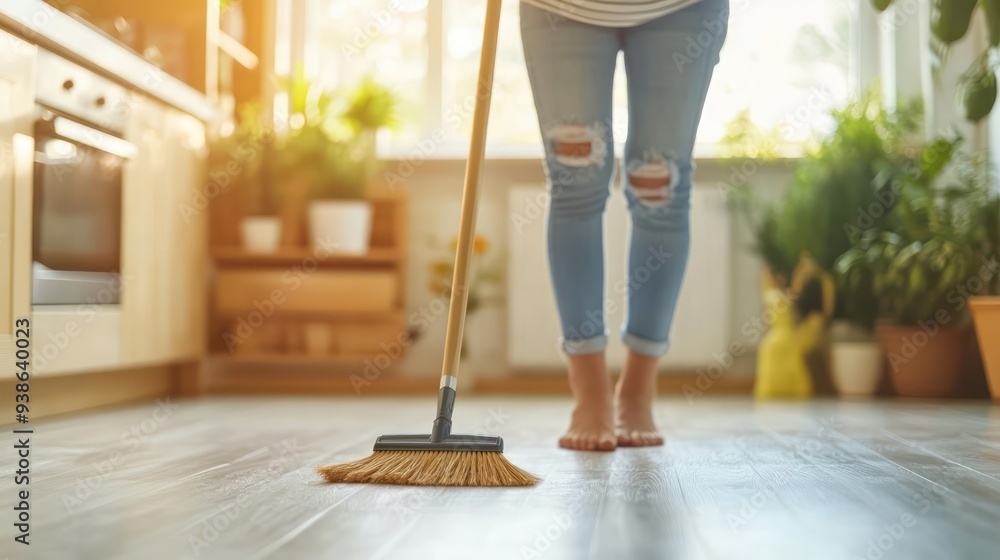 Fototapeta premium A young person peacefully sweeping the kitchen floor, enjoying the quiet satisfaction of a clean space