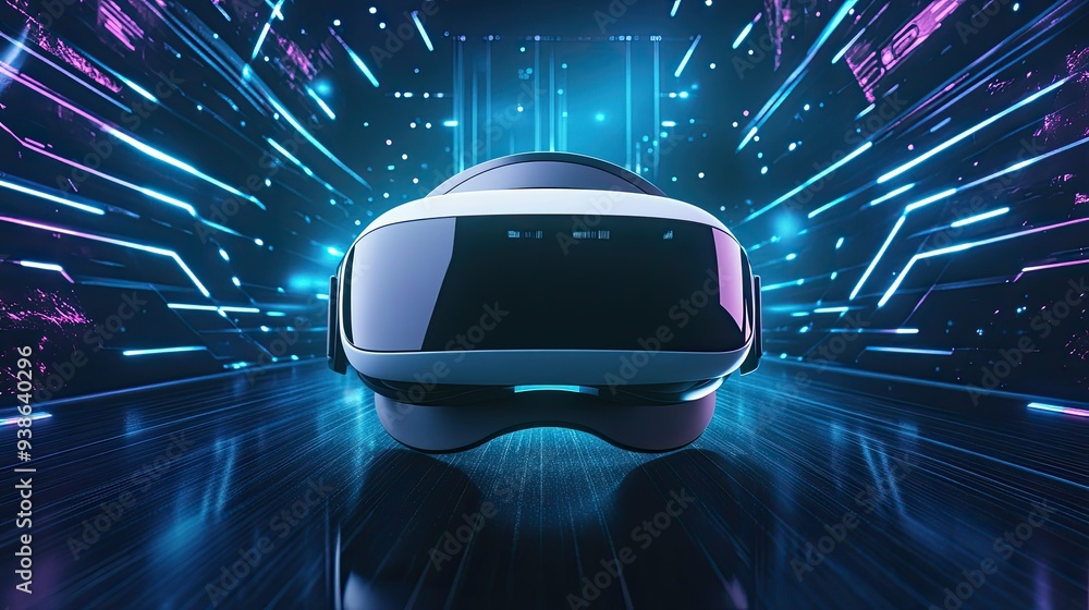A flat lay of a virtual reality headset on a futuristic background, with copy space available. A flat lay of a virtual reality headset on a futuristic background, with copy space available.