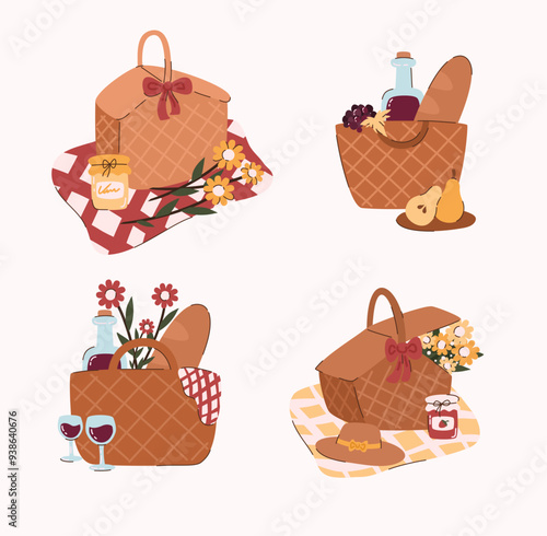 Set of images with picnic baskets with flowers, wine, baguette, grapes, pear. Flat vector illustration.