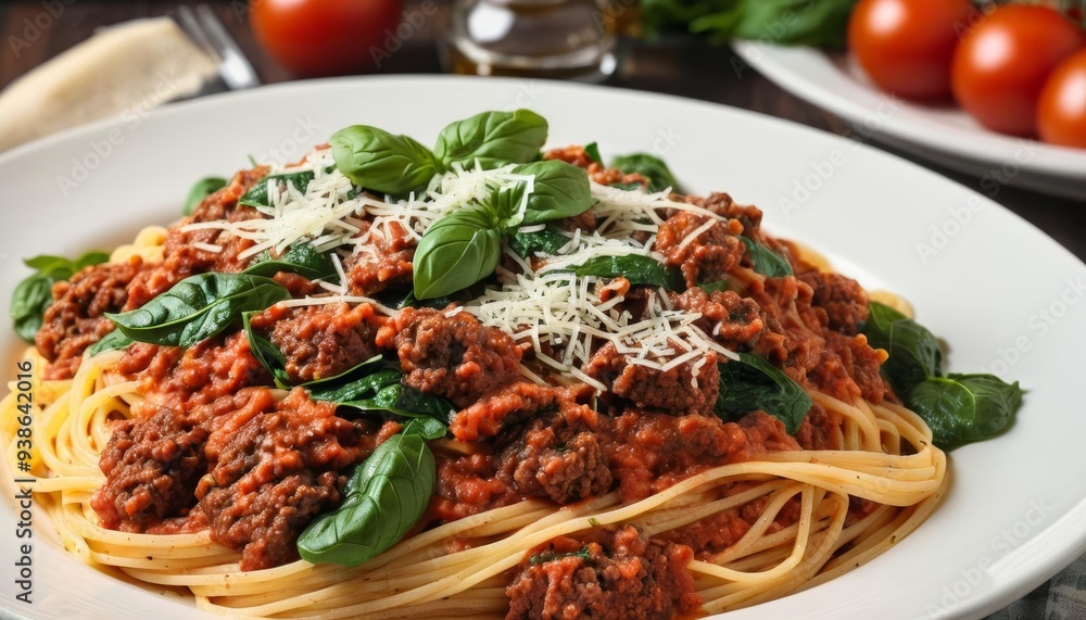 Delicious Spaghetti Bolognese with fresh basil and Parmesan cheese Delicious Spaghetti Bolognese with fresh basil and Parmesan cheese