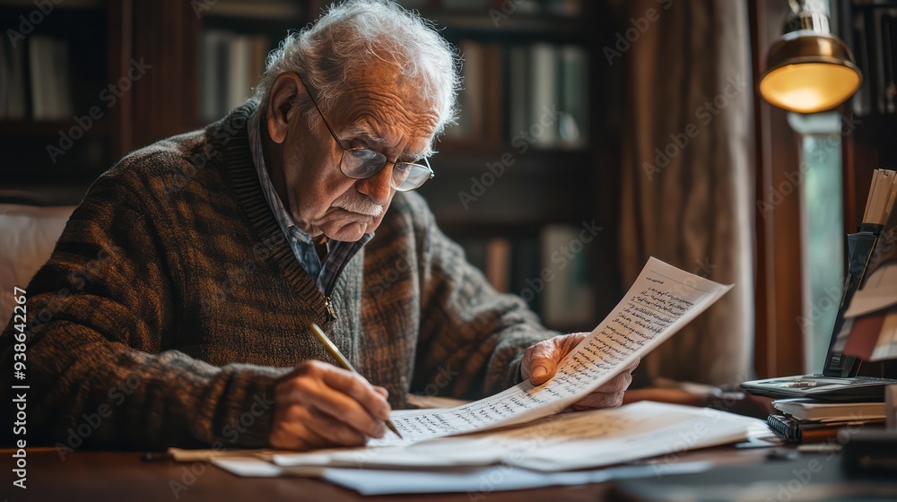 An elderly man organizing his desk, placing papers and pens neatly in their spots with a sense of order. An elderly man organizing his desk, placing papers and pens neatly in their spots with a sense of order.