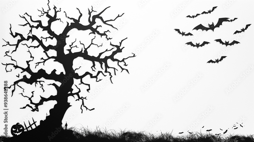 Fototapeta premium black and white background with Halloween silhouette of a tree in the night