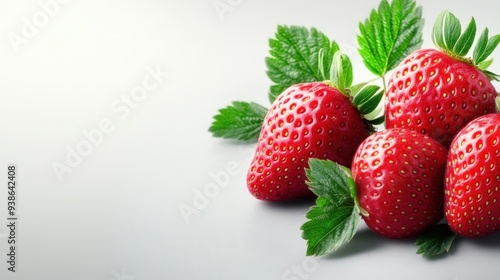 Fresh strawberries with vibrant green leaves, perfect for healthy recipes and summer desserts. Ideal for food photography.