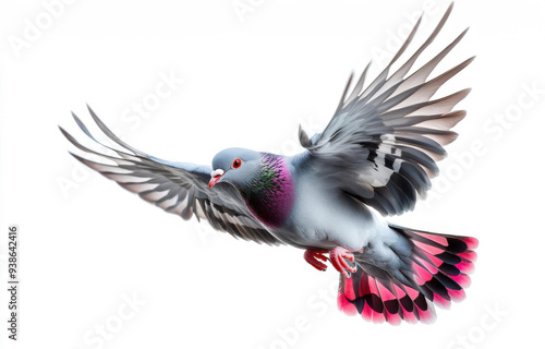 A stunning image of a colorful pigeon in flight, showcasing its vibrant plumage and graceful wings against a white background. photo