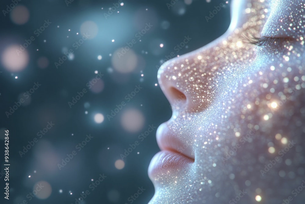 A serene visage adorned with shimmering sparkles eyes closed in peaceful contemplation A serene visage adorned with shimmering sparkles eyes closed in peaceful contemplation