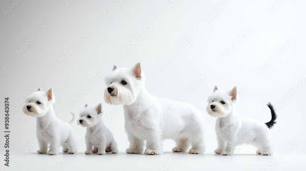 Four adorable white terriers posing together, showcasing their charming personalities and fluffy coats in a bright setting. Four adorable white terriers posing together, showcasing their charming personalities and fluffy coats in a bright setting.