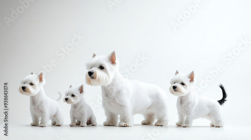 Four adorable white terriers posing together, showcasing their charming personalities and fluffy coats in a bright setting.