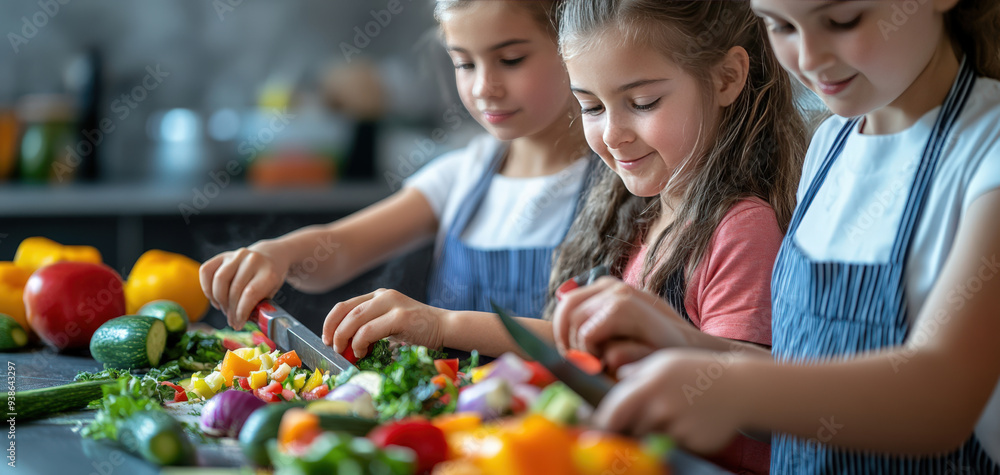 Three girls enjoy preparing fresh vegetables in a bright kitchen, sharing smiles and creating healthy meals together. Three girls enjoy preparing fresh vegetables in a bright kitchen, sharing smiles and creating healthy meals together.