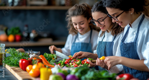 Three chefs skillfully prepare a vibrant salad in a kitchen filled with fresh ingredients and colorful vegetables.