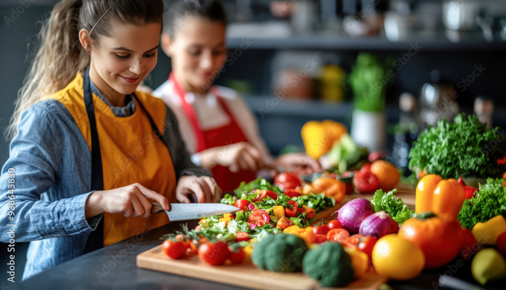 Two women preparing fresh vegetables in a kitchen. Bright and colorful ingredients create a vibrant cooking scene. Two women preparing fresh vegetables in a kitchen. Bright and colorful ingredients create a vibrant cooking scene.
