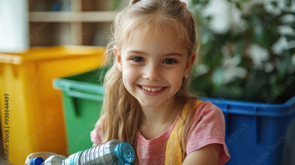 At home, the girl is recycling, ensuring the plastic bottle is placed in the proper bin for disposal At home, the girl is recycling, ensuring the plastic bottle is placed in the proper bin for disposal