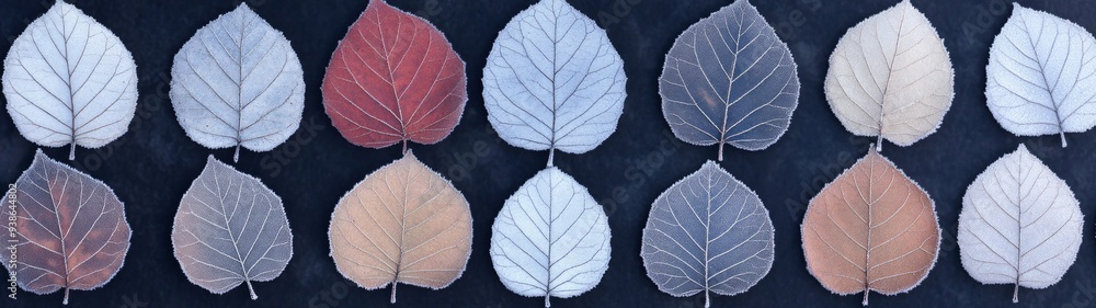 Obraz premium Frosty Autumn Leaves with Snow Dusting, seamless textures showcasing vibrant leaves and delicate snow, ideal for seasonal transitions, minimalist and festive background design