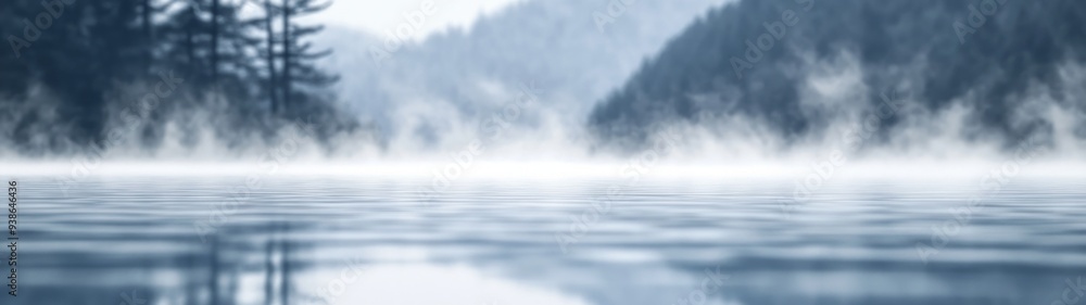 Morning fog enveloping a tranquil lake, silhouettes of distant trees emerging softly, creating a serene and ethereal atmosphere, perfect for a minimalist and peaceful scene Morning fog enveloping a tranquil lake, silhouettes of distant trees emerging softly, creating a serene and ethereal atmosphere, perfect for a minimalist and peaceful scene