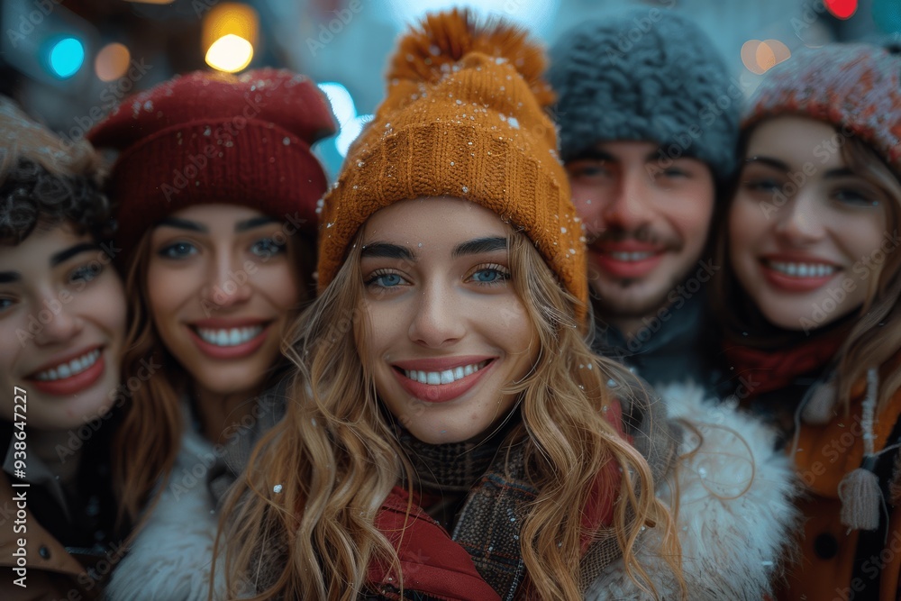 Happy diverse group of friends celebrating outdoors in winter urban street Happy diverse group of friends celebrating outdoors in winter urban street