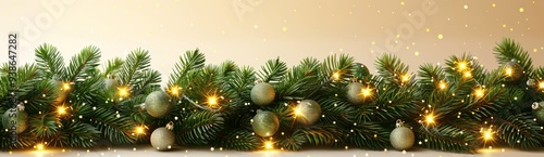 Seamless vector Christmas garland with pine branches and glowing lights on transparent background