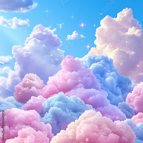 A dreamy sky filled with fluffy, pastel clouds creating a serene and whimsical atmosphere, perfect for artistic backgrounds. photo