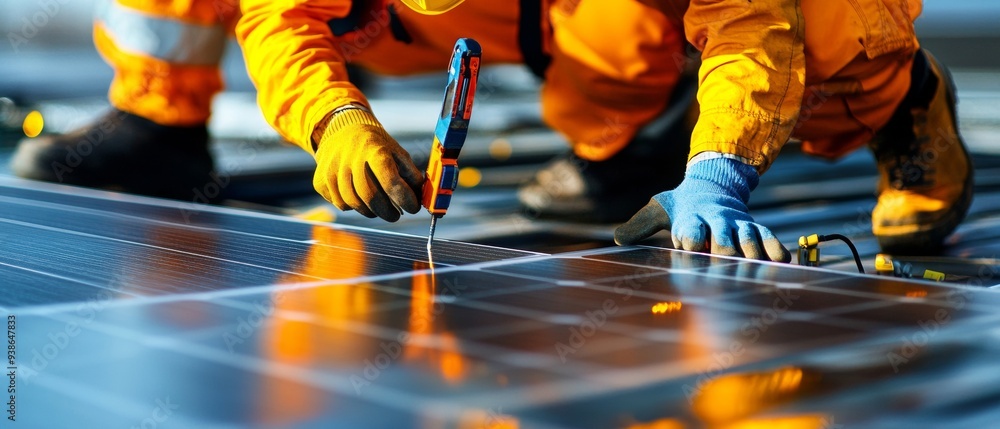 Obraz premium Technician installing solar panels with tools, contributing to renewable energy solutions and sustainable technology.