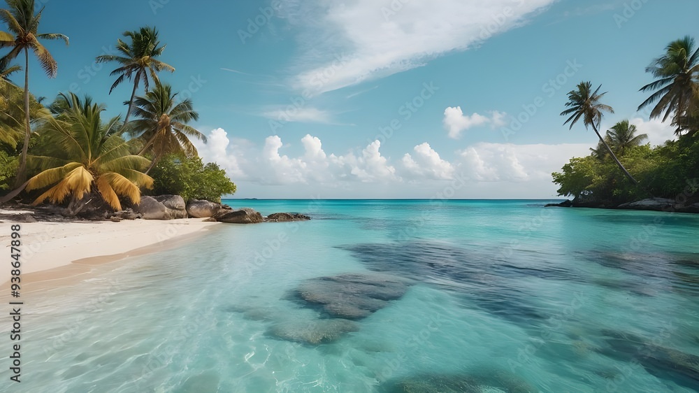 Fototapeta premium A vibrant coral beach with crystal clear waters and swaying palm trees, rendered in a dreamy watercolor style.