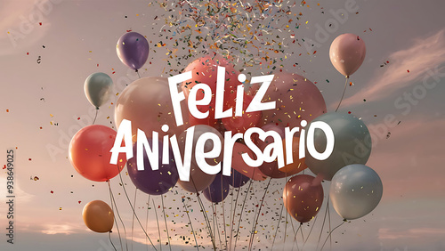 Feliz Aniversario Happy Birthday celebration in Portuguese language, greeting card banner with color party balloons