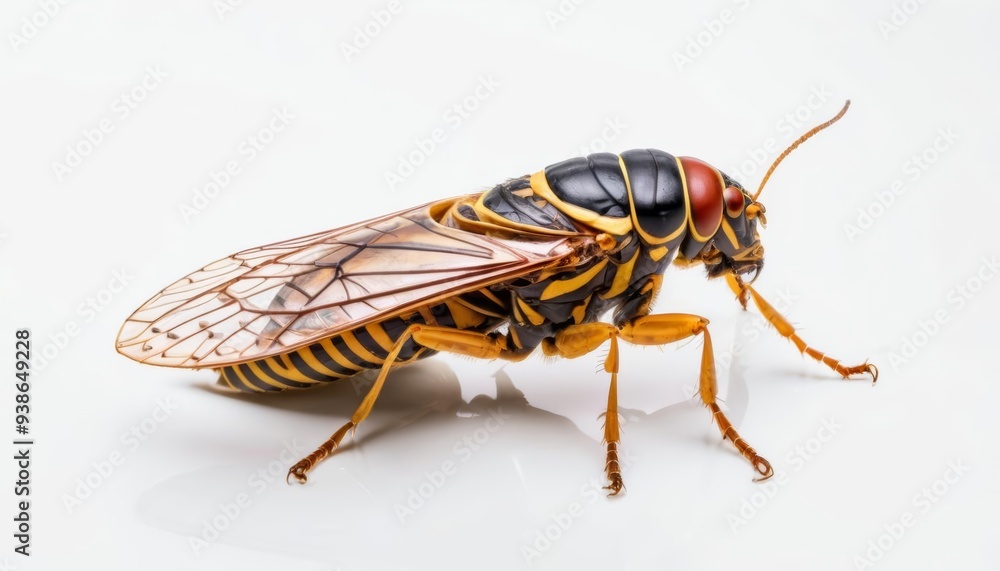 Fototapeta premium Vibrant insect in focus against white background