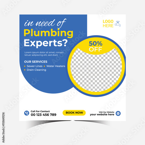Plumber social media post and banner template Premium design for plumbing service social media posts