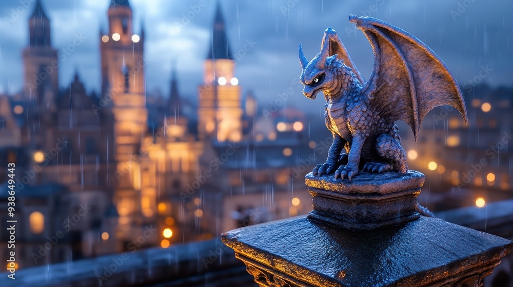 A majestic dragon gargoyle perched atop a stone ledge overlooking a rainy cityscape with historic architecture in the background.