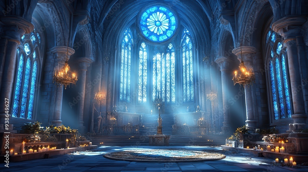 Fototapeta premium A majestic cathedral interior bathed in ethereal light, showcasing intricate architecture and serene atmosphere.