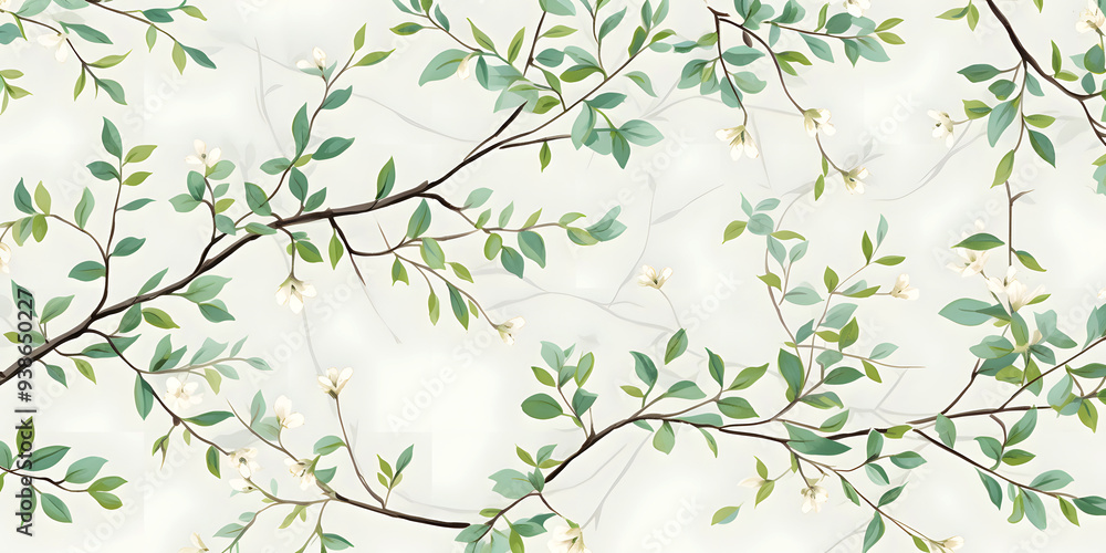 Seamless Green Leaves with Brown Branch Pattern on White Background, Decorative Design for Home Decor, Fashion, Stationery, Web Design, Packaging, Bedding, Tableware, Tote Bags, Phone Case Seamless Green Leaves with Brown Branch Pattern on White Background, Decorative Design for Home Decor, Fashion, Stationery, Web Design, Packaging, Bedding, Tableware, Tote Bags, Phone Case
