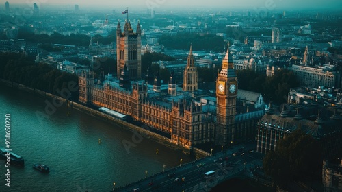 Aerial shot of Big Ben and the Houses of Parliament in London, with copy space available.