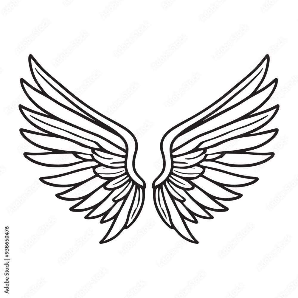 Fototapeta premium Angel Wing Clipart, Wings Outline Design- Memorial wings Illustration in black and white