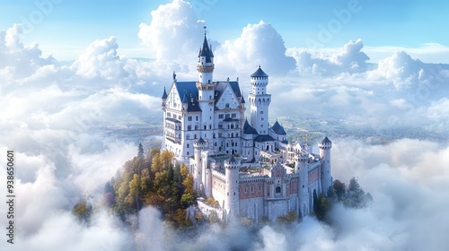 A majestic castle floating above the clouds, surrounded by stunning landscapes and vibrant skies, evoking a sense of fantasy and wonder. photo