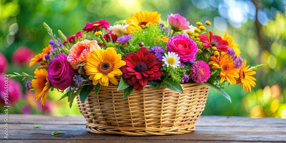 Colorful flower basket with a variety of yellow, pink, red, orange, and purple flowers and green leaves Colorful flower basket with a variety of yellow, pink, red, orange, and purple flowers and green leaves