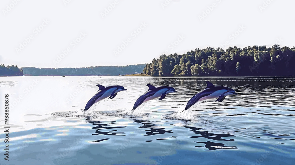Obraz premium Three dolphins are showing their elegance and agility jumping over water surface