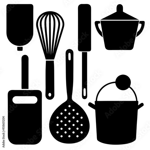 set of kitchen utensils vector silhouette