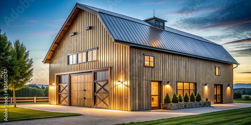 Modern barn featuring wooden accents and metal siding, modern, barn, wooden, metal, siding, architecture, design photo