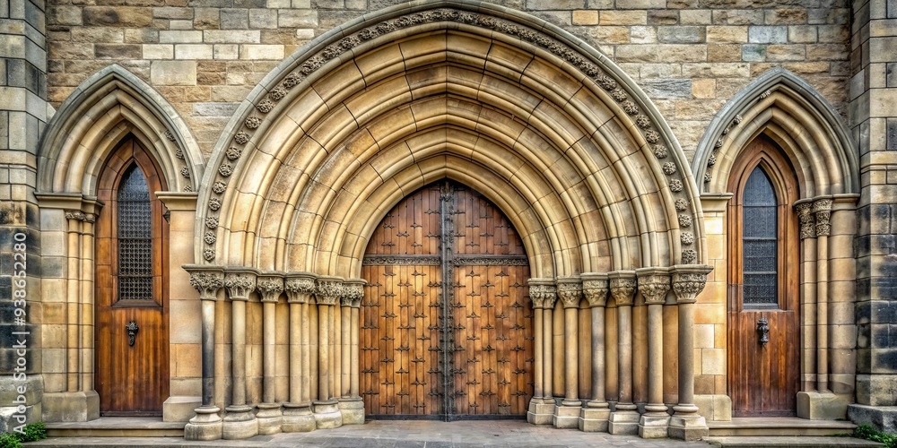 Entrance to a historic church with ornate doors and stone archway, church, entrance, doorway, historic, architecture, building
