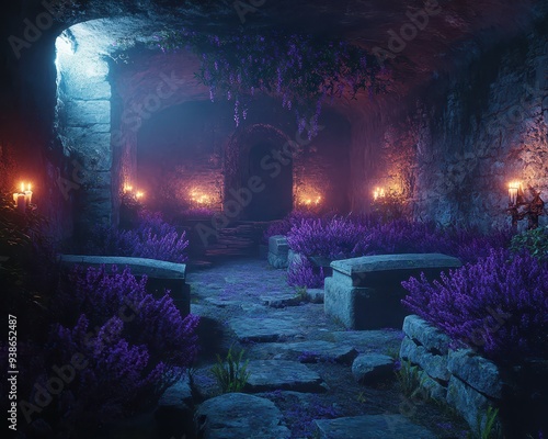 Ancient crypt filled with stone coffins and a candlelit ambiance,