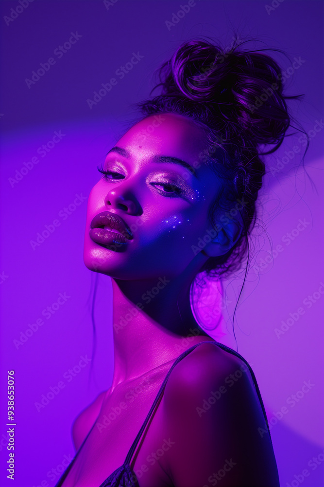 A stylish fashion model poses under striking neon lights, creating a modern and glamorous portrait. The vibrant purple and violet hues add a trendy and captivating vibe to the image. A stylish fashion model poses under striking neon lights, creating a modern and glamorous portrait. The vibrant purple and violet hues add a trendy and captivating vibe to the image.