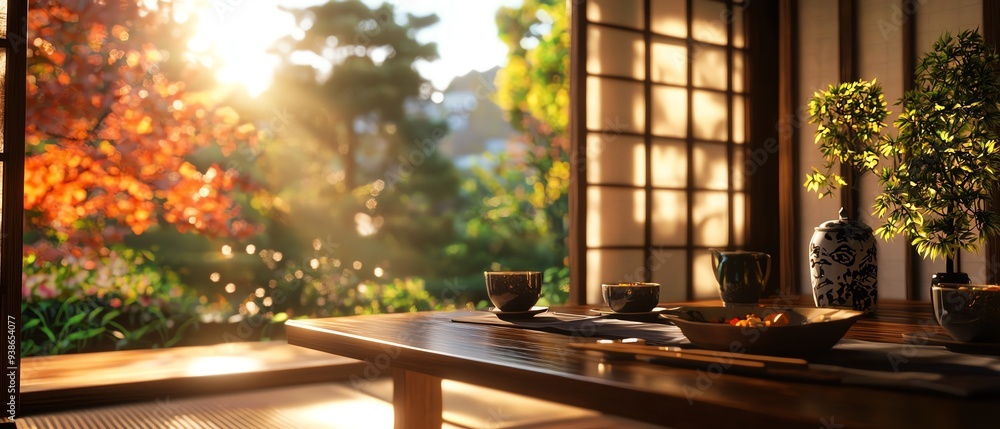 Fototapeta premium A Japanese family enjoying a meal in a contemporary dining room with elements of traditional design, such as tatami flooring and low wooden furniture, photorealistic, warm colors