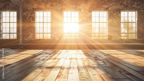 Serene Solitude: Sunlight Bathes an Empty Dance Studio, Barre and Mirrors Reflecting Warmth, Polished Floor Glowing with Tranquility photo