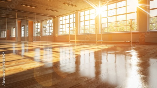 Serene Solitude: Sunlight Bathes an Empty Dance Studio, Barre and Mirrors Reflecting Warmth, Polished Floor Glowing with Tranquility photo