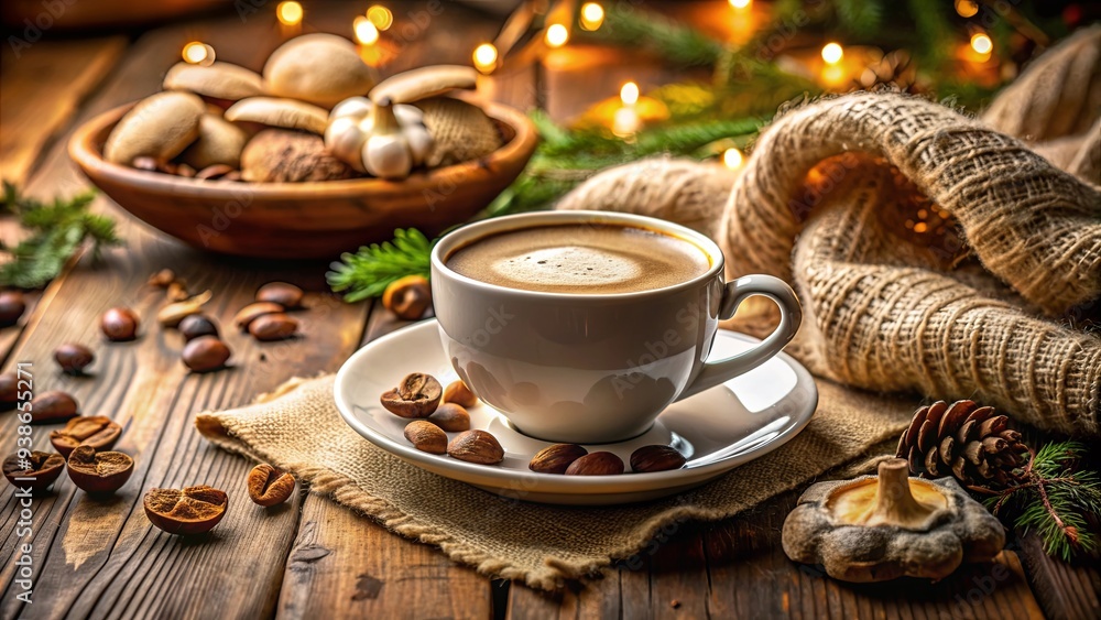 Mushroom coffee in a cup on table surrounded by cozy ambiance, mushroom, coffee, cup, table, beverage, drink, morning, cozy, wooden Mushroom coffee in a cup on table surrounded by cozy ambiance, mushroom, coffee, cup, table, beverage, drink, morning, cozy, wooden