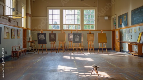 Serene Art Studio Ambiance: Vacant Easels and Canvases Bathed in Soft Natural Light, Inspiring Creativity and Contemplation. photo