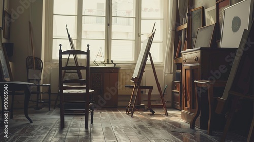 Serene Art Studio Ambiance: Vacant Easels and Canvases Bathed in Soft Natural Light, Inspiring Creativity and Contemplation. photo