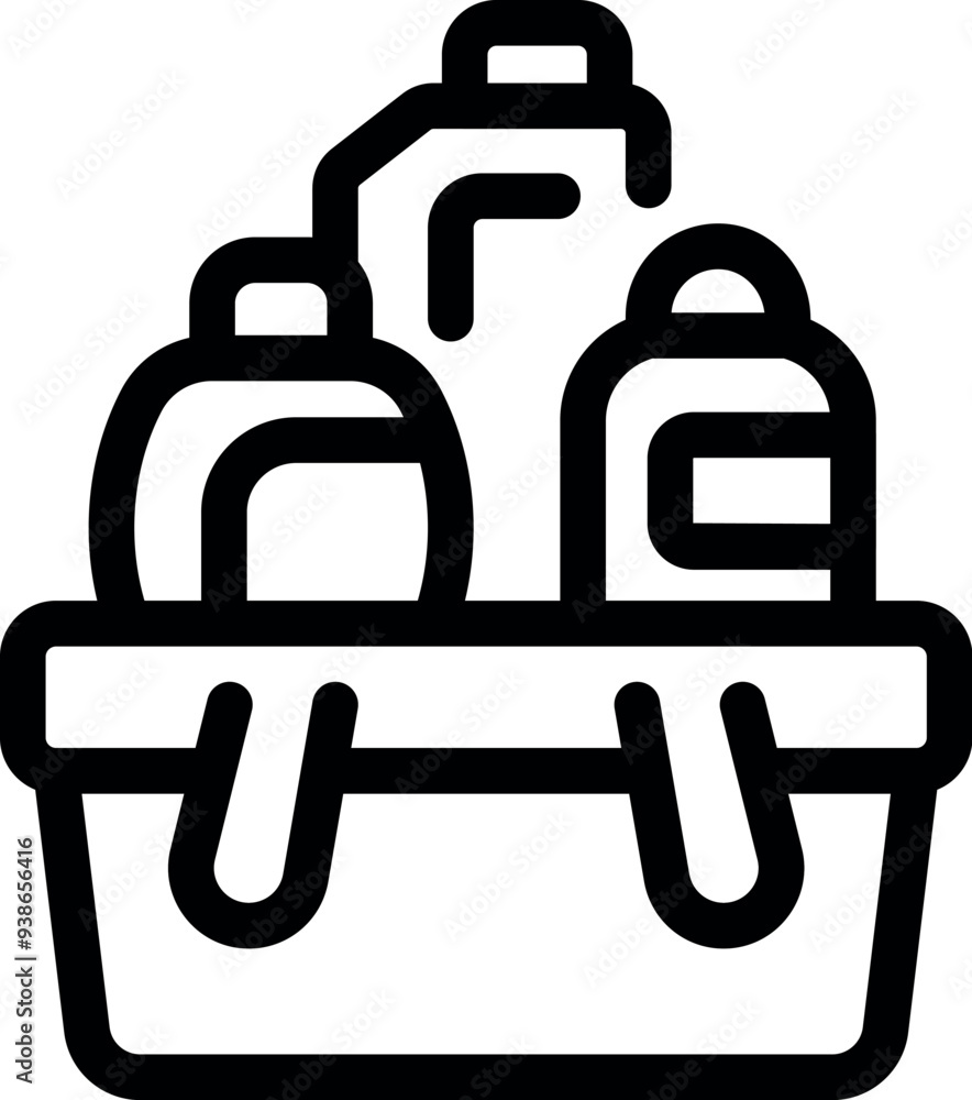 Line icon of a basket filled with cleaning products, ideal for representing housekeeping services Line icon of a basket filled with cleaning products, ideal for representing housekeeping services